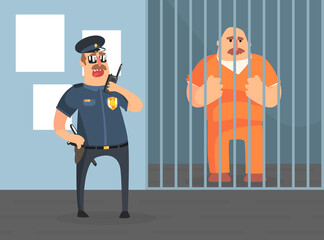 Prison Cell with Prisoner in Orange Uniform and Police Officer, Police Department Interior Vector Illustration