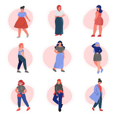 Fototapeta na wymiar Attractive Plus Size Women Set, Cheerful Curvy, Overweight Girls in Fashionable Clothes, Body Positive Concept Vector Illustration