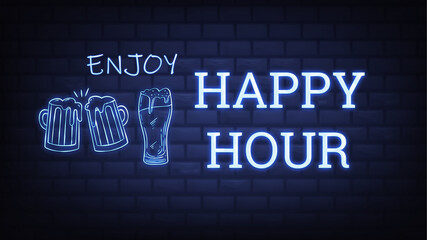 enjoy happy hour neon sign illustration use for landing page,website, poster, banner, flyer, background, gift card, coupon, label,sale promotion, advertising, marketing.bar sign, beer sale promotion.