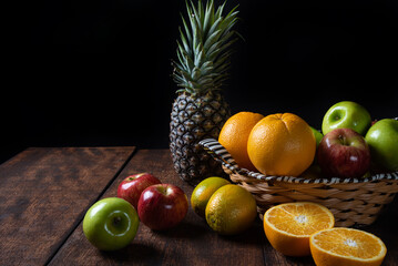 fruits arranged on a rustic wooden surface with a black background. selective focus.