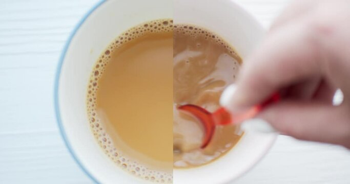 Top view of person hand stirring coffee with spoon. Split Screen. Slowly