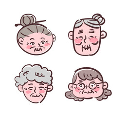 미소짓고 있는 할머니 아이콘. 붓으로 그린 스타일 일러스트 벡터.