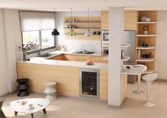 White brick and wooden modern kitchen with stools- 3d rendering