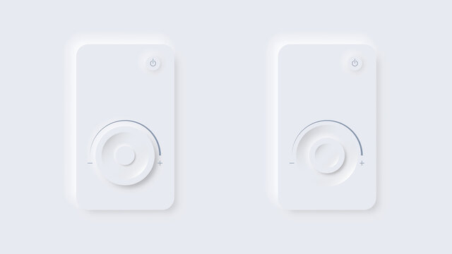 Remote control for for mobile applications. Neomorphism style for user interface. Round volume control, temperature, power. Increase, decrease. Power button. UI minimalism. 3d Vector. White