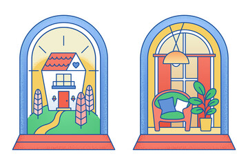 House cottage under the glass cover. Home in safety cover. Concept of real estate insurance, property protection and saving. Isolated icons in cute cartoon style