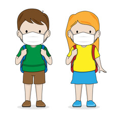 Students with backpack and mask. Isolated vector