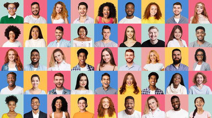 Fototapeta premium Collage Of Positive Millennial People Portraits On Studio Backgrounds