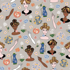 Vector Art deco tea party grey with ladies, flower bouquets and tea set