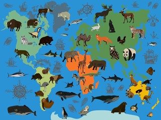 world map animal fish vector illustration