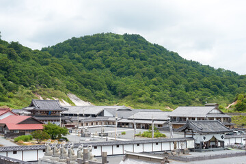 Osorezan Bodaiji Temple in Mutsu, Aomori, Japan. founded in 862 AD by the famed monk Ennin, a famous historic site.