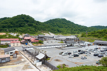 Osorezan Bodaiji Temple in Mutsu, Aomori, Japan. founded in 862 AD by the famed monk Ennin, a famous historic site.