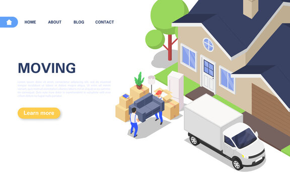 Home moving web banner concept. Unloading a truck packed with corton boxes with various household items and furniture.