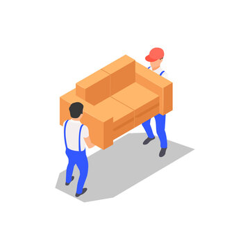 Home moving concept. Two movers carry a sofa.