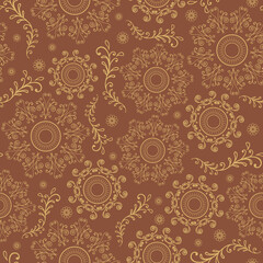 Vector Art Deco brown gold floral symbols repeat pattern. 