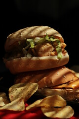 Close up burger with a composition of meat, vegetables and extra chips on a red napkin