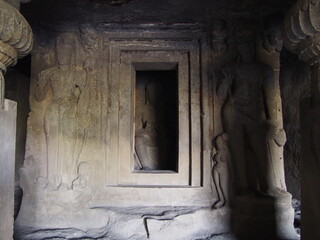 Beautiful stone carvings, Ellora Caves, Aurangabad, Maharashtra, Western India, India