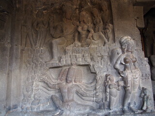 Beautiful stone carvings, Ellora Caves, Aurangabad, Maharashtra, Western India, India