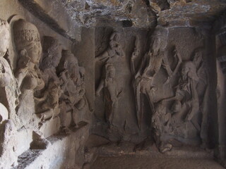 Fototapeta na wymiar Beautiful stone carvings, Ellora Caves, Aurangabad, Maharashtra, Western India, India