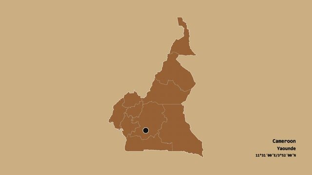 Extr&ecirc;me-Nord, region of Cameroon, with its capital, localized, outlined and zoomed with informative overlays on a solid patterned map in the Stereographic projection. Animation 3D