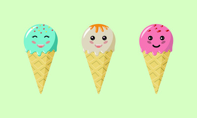 Set waffle ice cream cartoon kawaii style. Strawberry pink, blue mint and white. Vector illustration in a flat style.