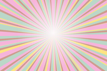 Pop art colorful comics book magazine cover. Striped rainbow background. Cartoon funny retro pattern strip mock up. Vector halftone illustration. 90-s style. Sunburst, starburst shape.