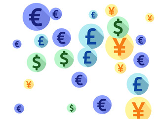 Euro dollar pound yen round signs flying currency vector design. Deposit backdrop. Currency icons 