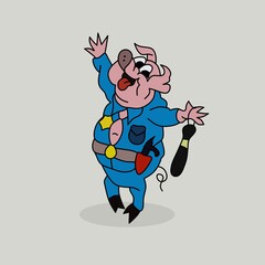vector illustration, pig wearing police uniform, flat design