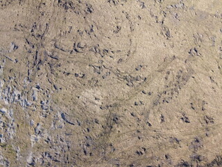 Traces of construction equipment on the soil, aerial view. Lifeless land, wasteland.