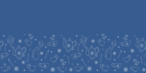 Vector blue texture art deco tea set border