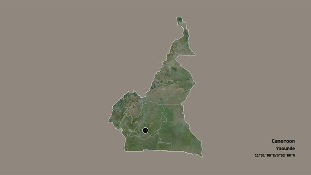 Littoral, region of Cameroon, with its capital, localized, outlined and zoomed with informative overlays on a satellite map in the Stereographic projection. Animation 3D