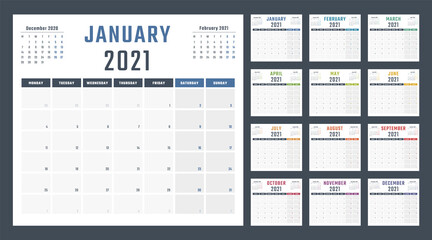 calendar for 2021 starts monday, vector calendar design 2021 year