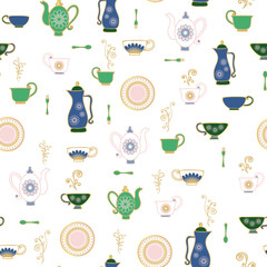 Vector Art deco tea party white seamless background pattern
