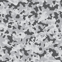 Fototapeta premium Camouflage Texture Snow Repeated Doted Vector Design. Gray Camouflage Seamless Pattern. White Seamless Creative Graphic Camouflage. Black Repeated Soldier Graphic Pattern. Gray
