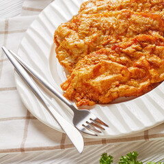 Chicken breast schnitzels on a white plate