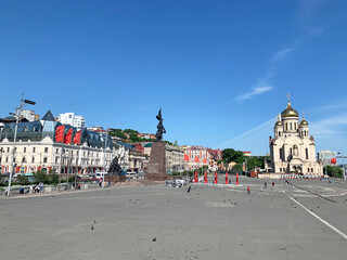 Central square of Vladivostok - the square of the Revolution Fighters in summer day