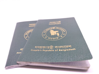 Passport of People's Republic of Bangladesh over white background. (Translation Passport, People's Republic of Bangladesh)