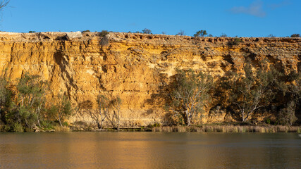 Fototapeta na wymiar The red cliff faces on the banks of the river murray at swanreach south australia on june 23 2020