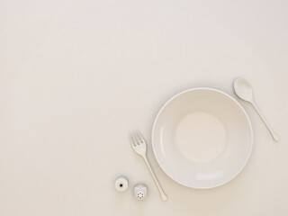 Top view of empty dish with spoon and folk in cream color.Design for food and dessert concept.3d rendering