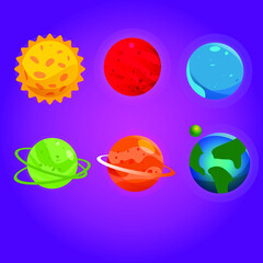 Vector set of cartoon planets. Colourful set of isolated objects. Space background. Fantasy planets. Colourful universe. Game design. EPS 10