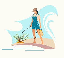 Gardening and harvesting, woman work in garden. Flat vector illustration.