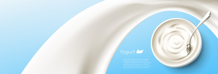 Spoon in natural greek yogurt or cream jar with milk or yogurt swirl around. Vector ads banner with text space for product promotion