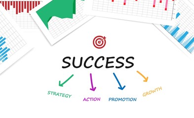 Business Success Illustration With Statistics Charts And Words, White Background
