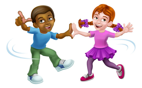Young little girl and boy cartoon kid child characters dancing