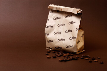 paper bag with coffe , paper bag for coffee, delivery, purchase, packaging, brown background