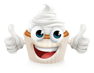 A cupcake or fairy cake cream muffin cartoon mascot character with chocolate whipped icing frosting