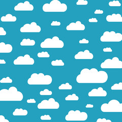 White cartoon clouds set isolated on blue background. Collection of different clouds for web site, background template, wallpaper and sky design. Creative modern concept. Clouds vector illustration