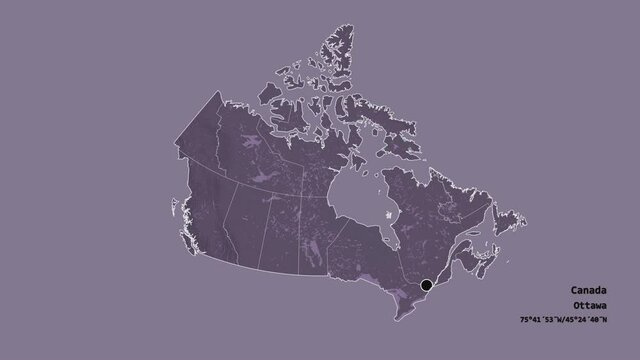 Alberta, province of Canada, with its capital, localized, outlined and zoomed with informative overlays on a administrative map in the Stereographic projection. Animation 3D