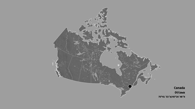 Alberta, province of Canada, with its capital, localized, outlined and zoomed with informative overlays on a bilevel map in the Stereographic projection. Animation 3D