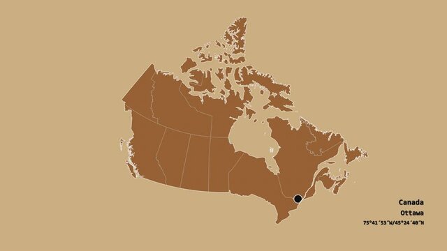 Alberta, province of Canada, with its capital, localized, outlined and zoomed with informative overlays on a solid patterned map in the Stereographic projection. Animation 3D