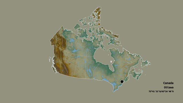 Alberta, province of Canada, with its capital, localized, outlined and zoomed with informative overlays on a relief map in the Stereographic projection. Animation 3D